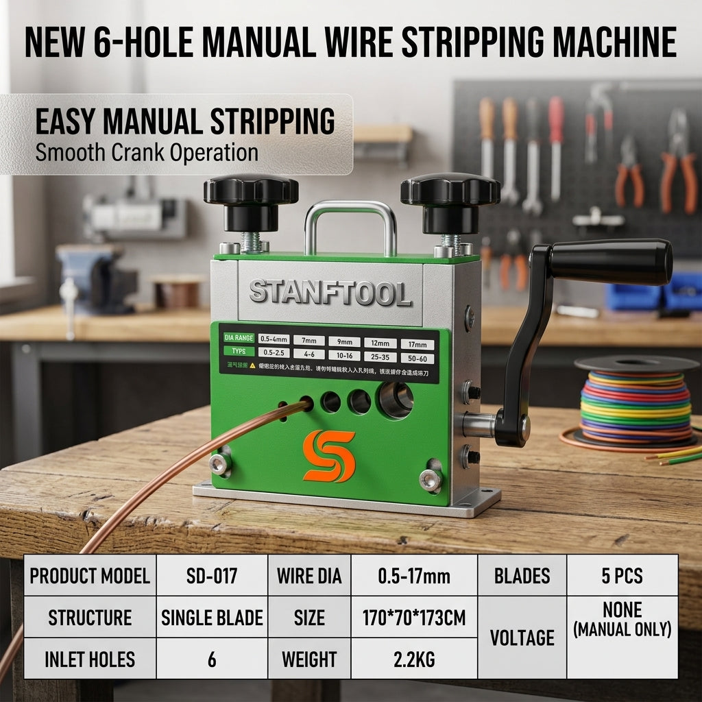 Manual wire stripper, hand drill driven wire stripping tool, 6-slot, 5-blade design.