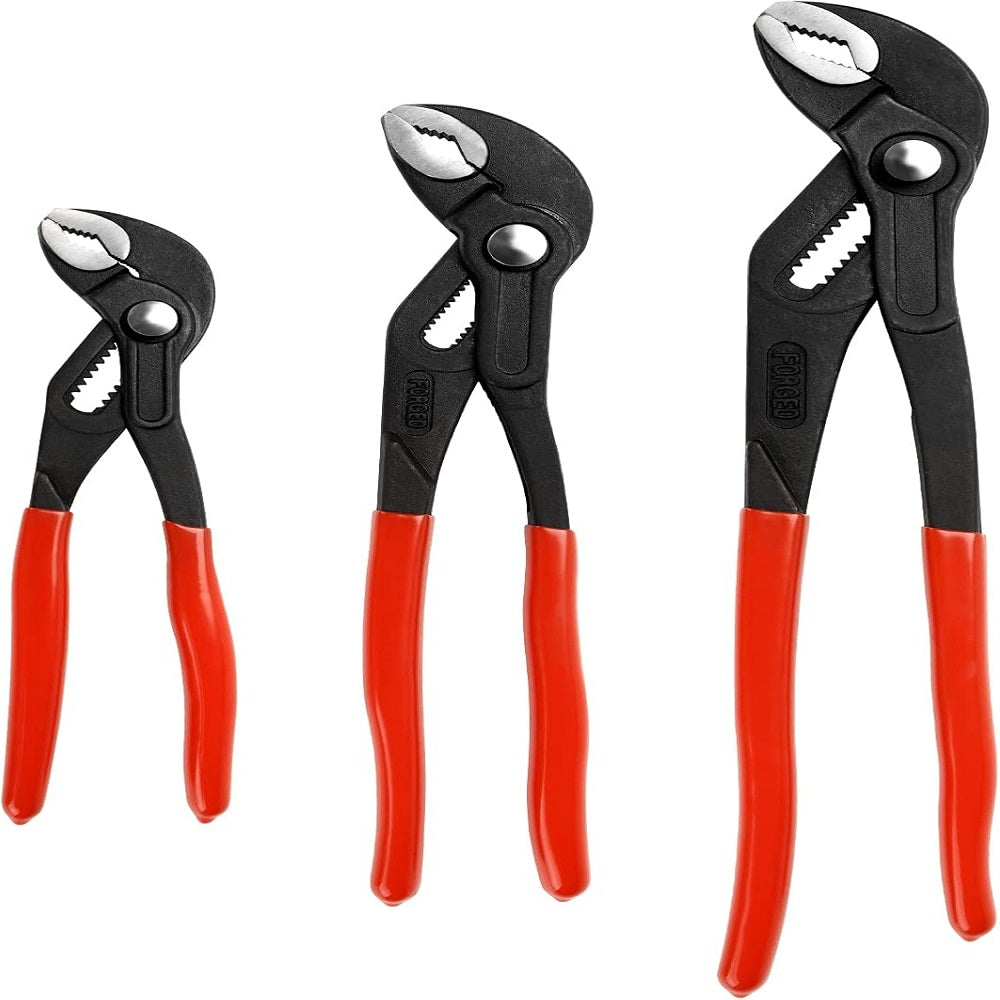 Three V-shaped tongue and groove pliers, 7-inch, 10-inch, and 12-inch sizes.