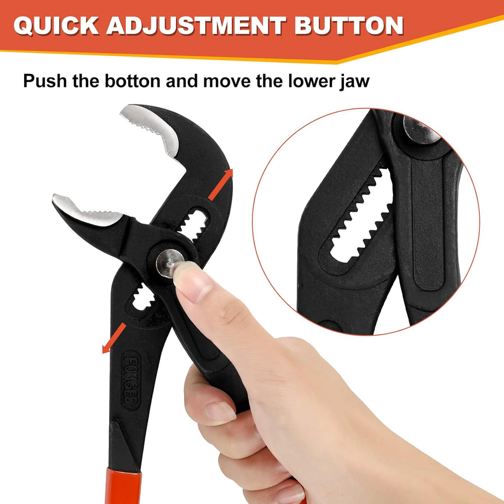 Three V-shaped tongue and groove pliers, 7-inch, 10-inch, and 12-inch sizes.