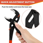 Three V-shaped tongue and groove pliers, 7-inch, 10-inch, and 12-inch sizes.