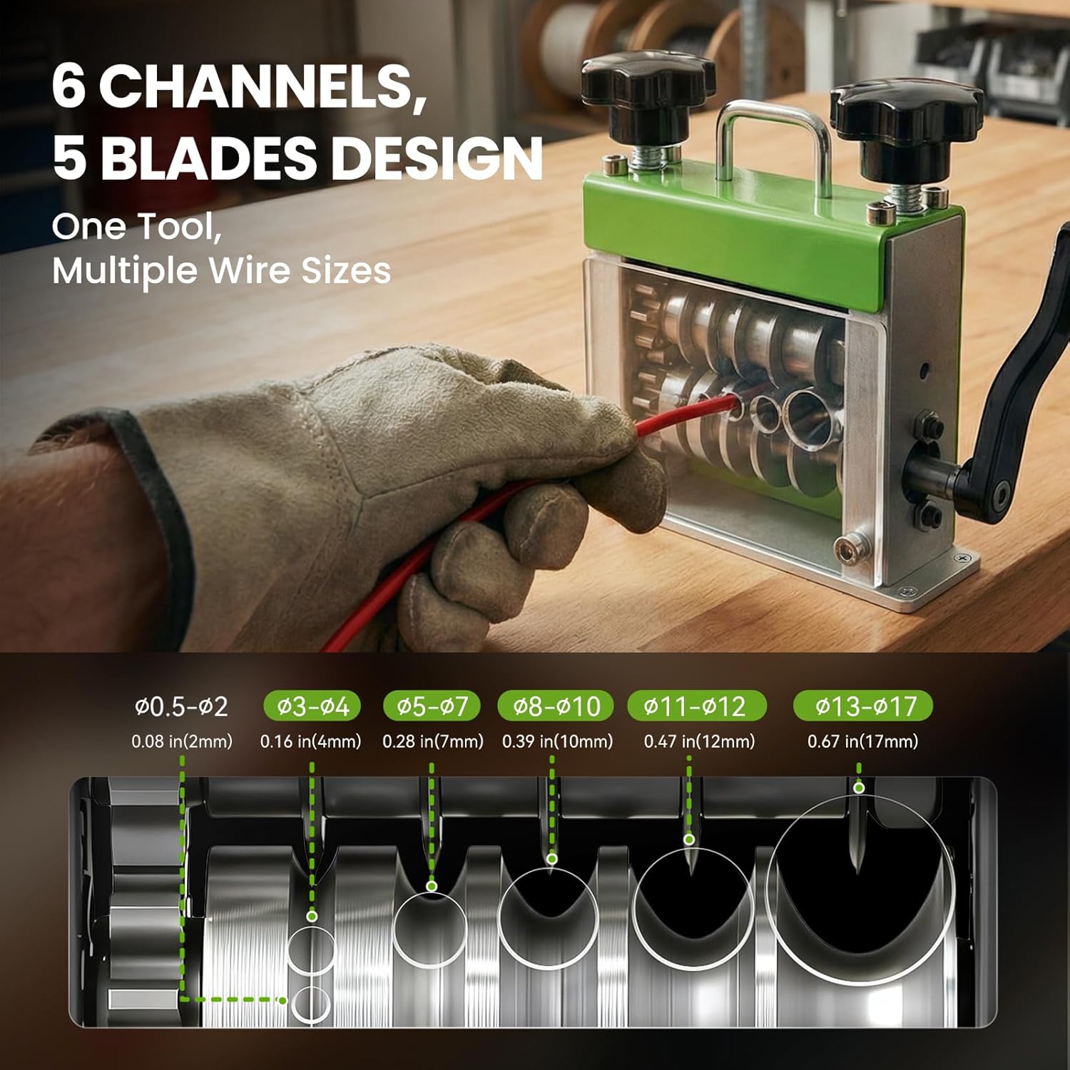 Manual wire stripper, hand drill driven wire stripping tool, 6-slot, 5-blade design.