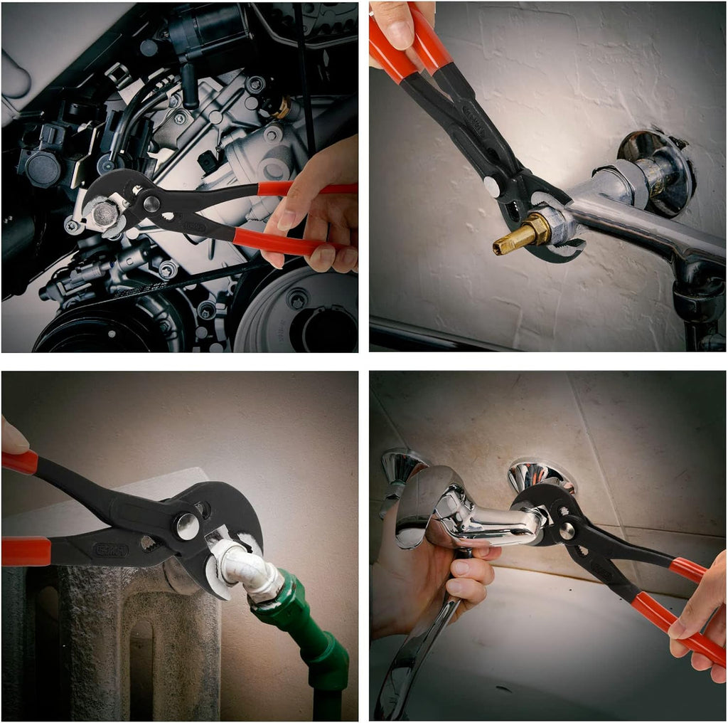 Three V-shaped tongue and groove pliers, 7-inch, 10-inch, and 12-inch sizes.