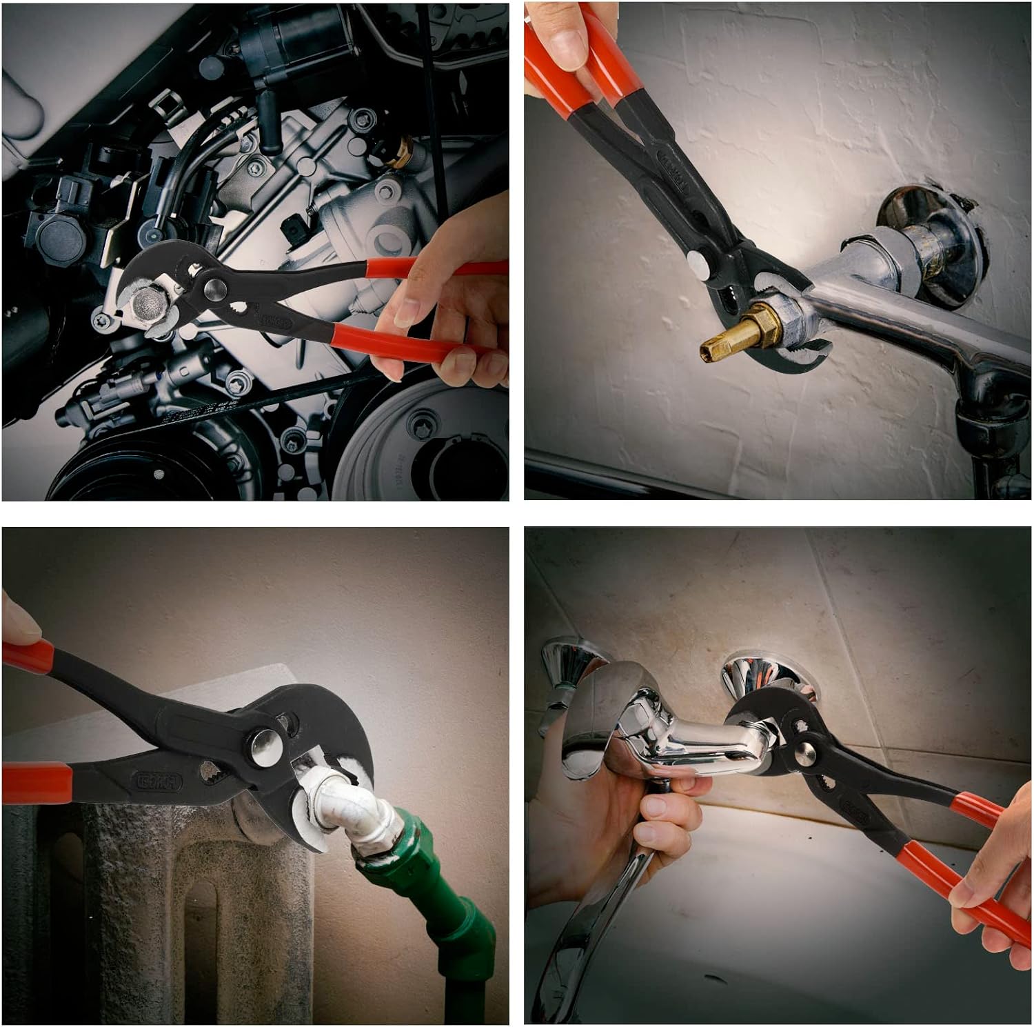 Three V-shaped tongue and groove pliers, 7-inch, 10-inch, and 12-inch sizes.