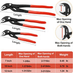 Three V-shaped tongue and groove pliers, 7-inch, 10-inch, and 12-inch sizes.
