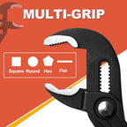 Three V-shaped tongue and groove pliers, 7-inch, 10-inch, and 12-inch sizes.