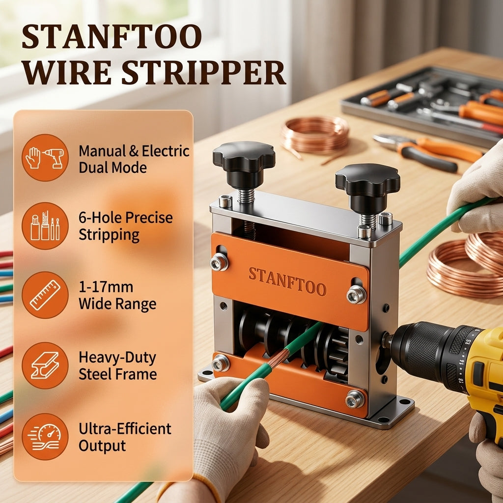 Manual wire stripper, hand drill-driven wire stripping tool, 6-slot 5-blade design, fits wires from 0.06 inches to 0.67 inches, scrap wire peeling machine