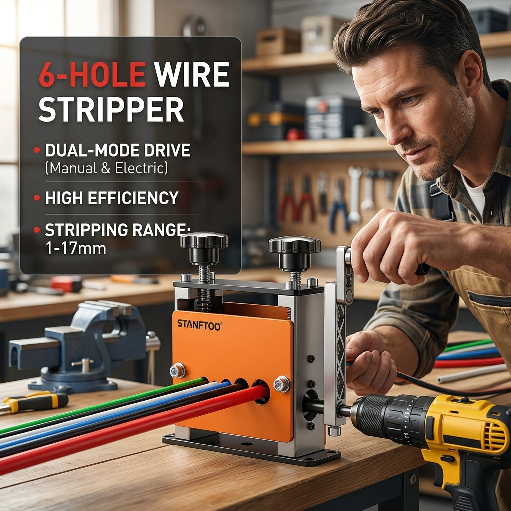 Manual wire stripper, hand drill-driven wire stripping tool, 6-slot 5-blade design, fits wires from 0.06 inches to 0.67 inches, scrap wire peeling machine