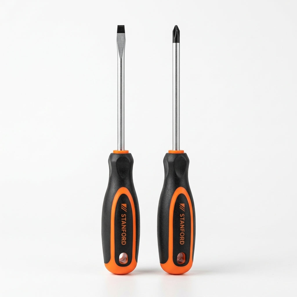 Two-piece magnetic screwdriver set, including a flathead screwdriver and a Phillips head screwdriver (approx. 21 cm).
