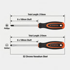 Two-piece magnetic screwdriver set, including a flathead screwdriver and a Phillips head screwdriver (approx. 21 cm).