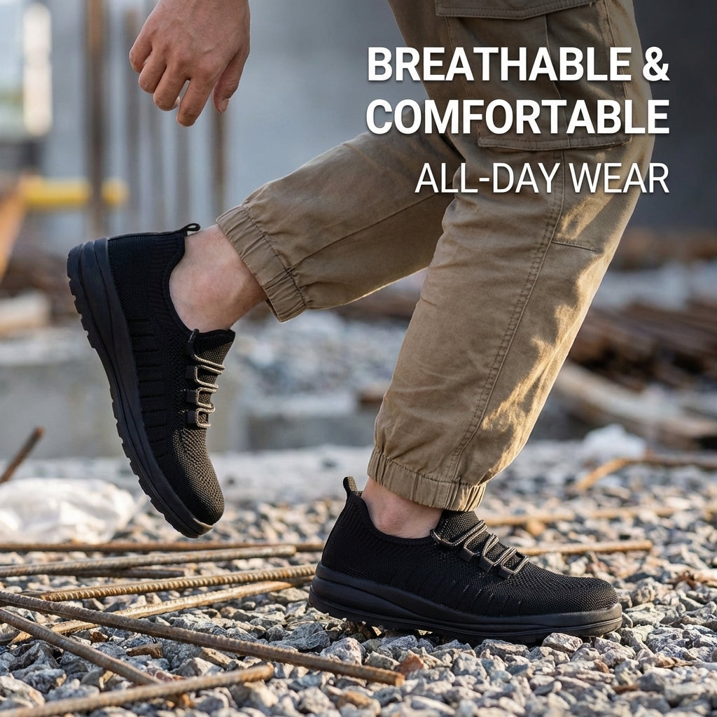 Men's steel-toe work shoes, breathable, impact-resistant, lightweight and safe.